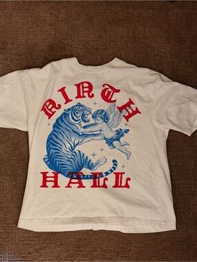 RIRAH HALL cropped White Tee with Blue Tiger & Cherub Graphic